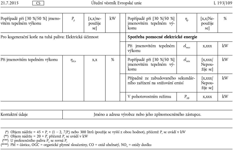 tepelném výkonu el min [x,xxx/ Nepoužije se] kw Případně ze zabudovaného sekundárního zařízení na snižování emisí [x,xxx/ Nepoužije se] kw V pohotovostním režimu P SB x,xxx kw Kontaktní údaje Jméno a