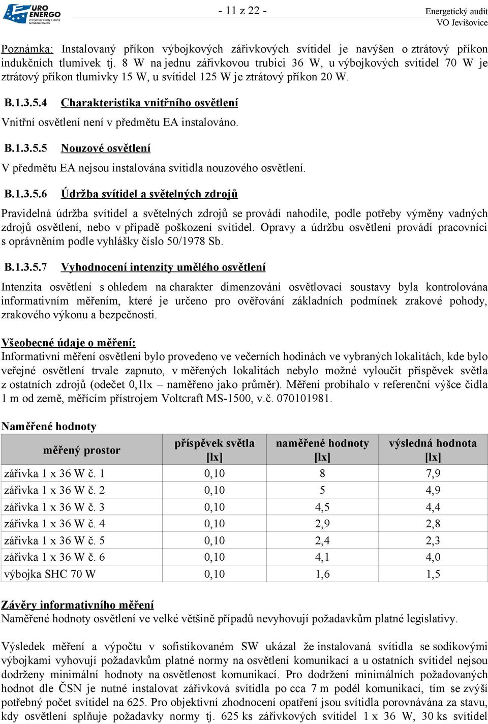 B.1.3.5.5 Nouzové osvětlení V předmětu EA nejsou instalována svítidla nouzového osvětlení. B.1.3.5.6 Údržba svítidel a světelných zdrojů Pravidelná údržba svítidel a světelných zdrojů se provádí nahodile, podle potřeby výměny vadných zdrojů osvětlení, nebo v případě poškození svítidel.
