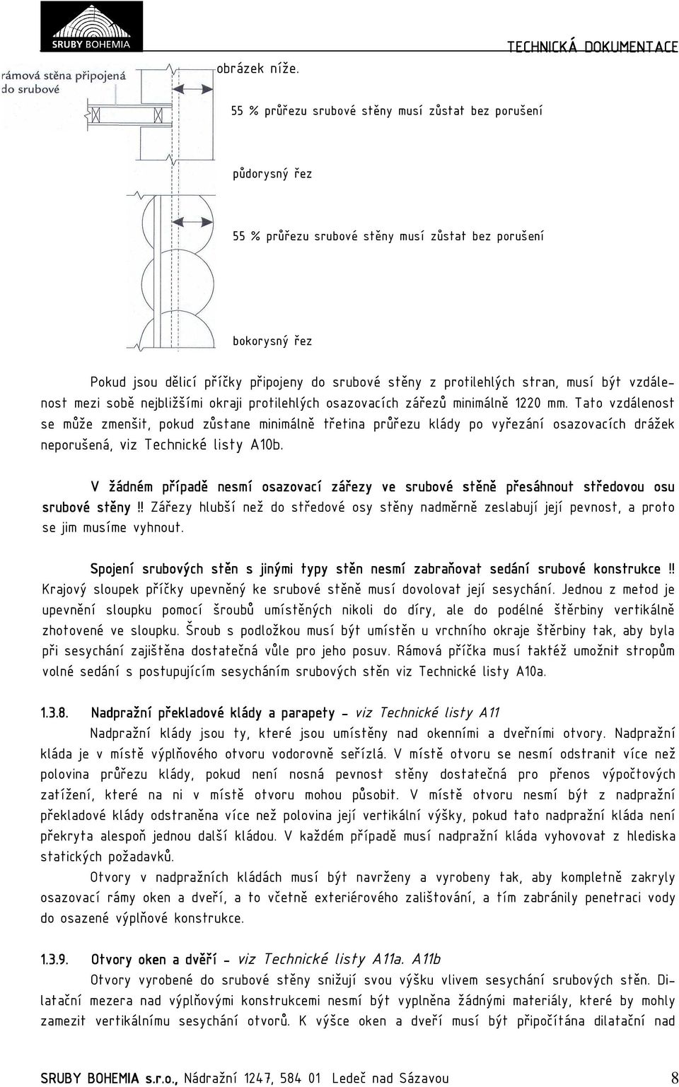 stěny z protilehlých stran, musí být vzdálenost mezi sobě nejbližšími okraji protilehlých osazovacích zářezů minimálně 1220 mm.