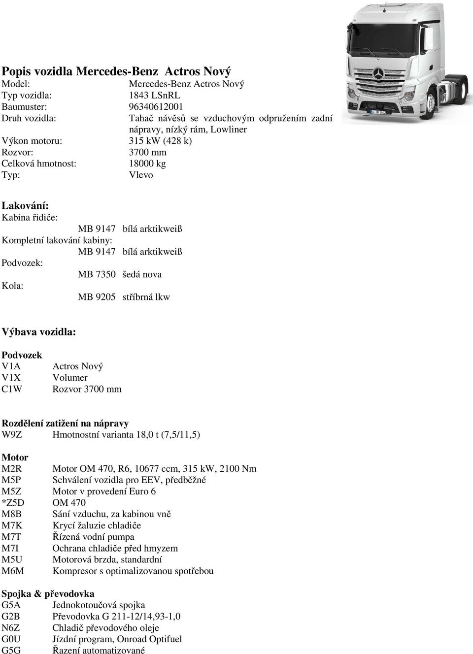 Podvozek: MB 7350 šedá nova Kola: MB 9205 stříbrná lkw Výbava vozidla: Podvozek V1A V1X C1W Actros Nový Volumer Rozvor 3700 mm Rozdělení zatižení na nápravy W9Z Hmotnostní varianta 18,0 t (7,5/11,5)