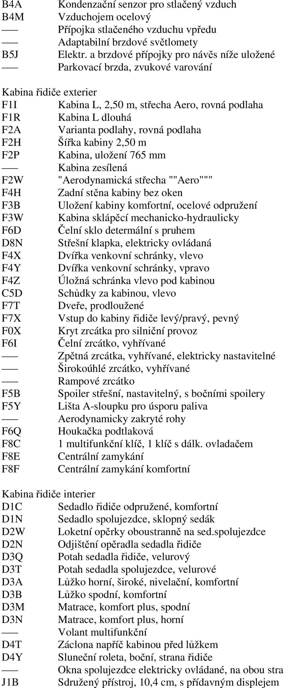 podlaha F2H Šířka kabiny 2,50 m F2P Kabina, uložení 765 mm Kabina zesílená F2W "Aerodynamická střecha ""Aero""" F4H Zadní stěna kabiny bez oken F3B Uložení kabiny komfortní, ocelové odpružení F3W