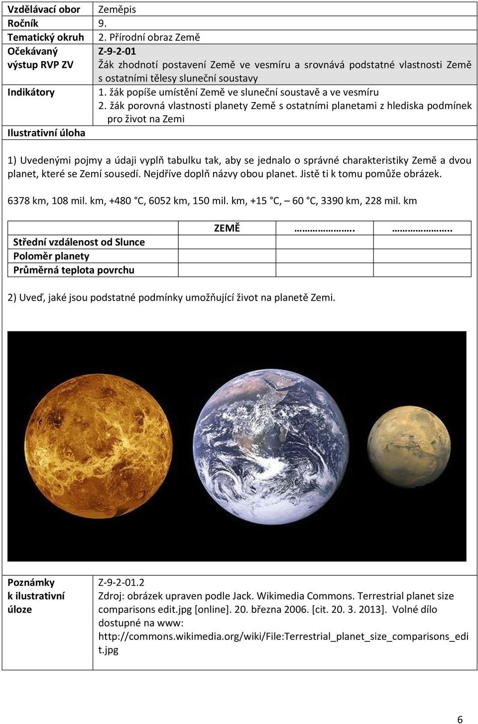 žák porovná vlastnosti planety Země s ostatními planetami z hlediska podmínek pro život na Zemi 1) Uvedenými pojmy a údaji vyplň tabulku tak, aby se jednalo o správné charakteristiky Země a dvou