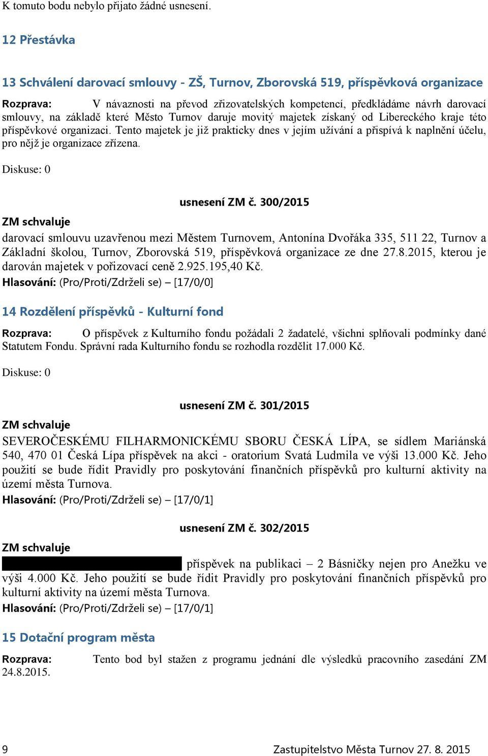 základě které Město Turnov daruje movitý majetek získaný od Libereckého kraje této příspěvkové organizaci.