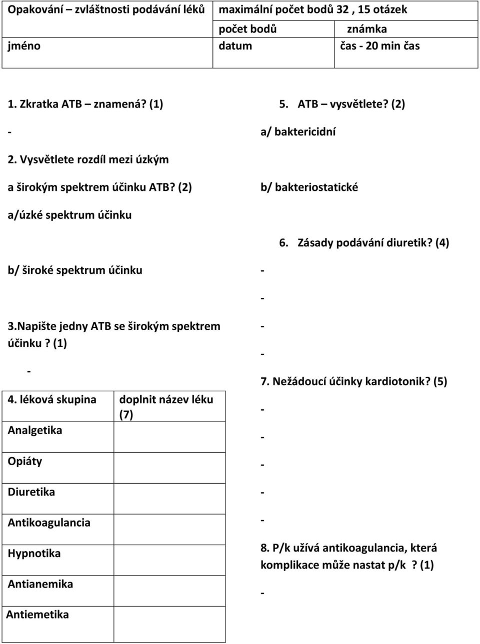 Zásady podávání diuretik? (4) b/ široké spektrum účinku 3.Napište jedny ATB se širokým spektrem účinku? (1) 4.