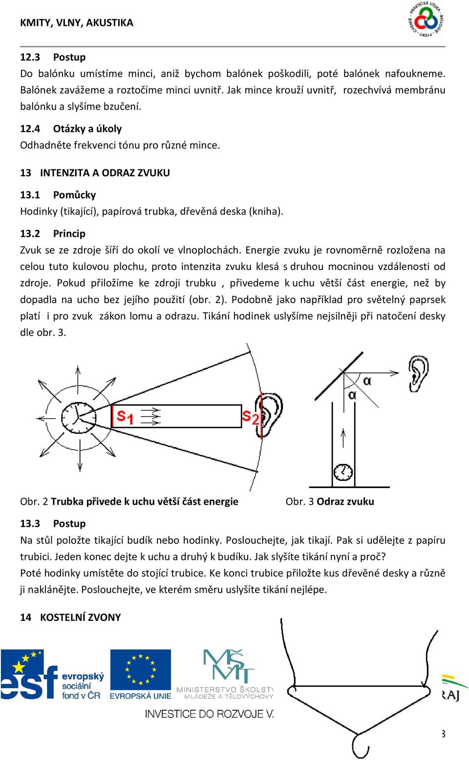 1 Pomůcky Hodinky (tikající), papírová trubka, dřevěná deska (kniha). 13.2 Princip Zvuk se ze zdroje šíří do okolí ve vlnoplochách.