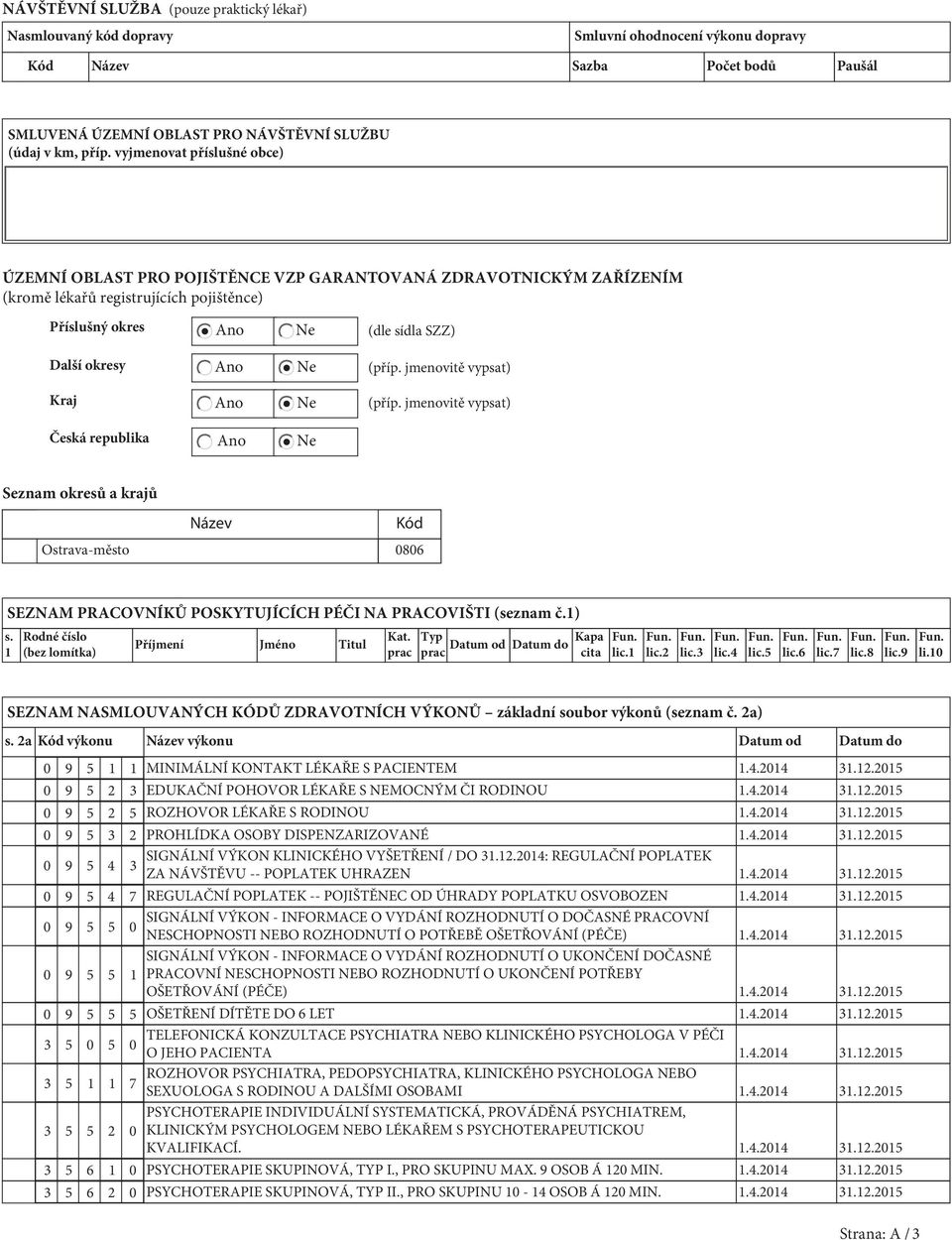 sídla SZZ) (příp. jmenovitě vypsat) (příp. jmenovitě vypsat) Česká republika Ano Ne Seznam okresů a krajů Název Kód Ostrava-město 0806 SEZNAM PRACOVNÍKŮ POSKYTUJÍCÍCH PÉČI NA PRACOVIŠTI (seznam č.