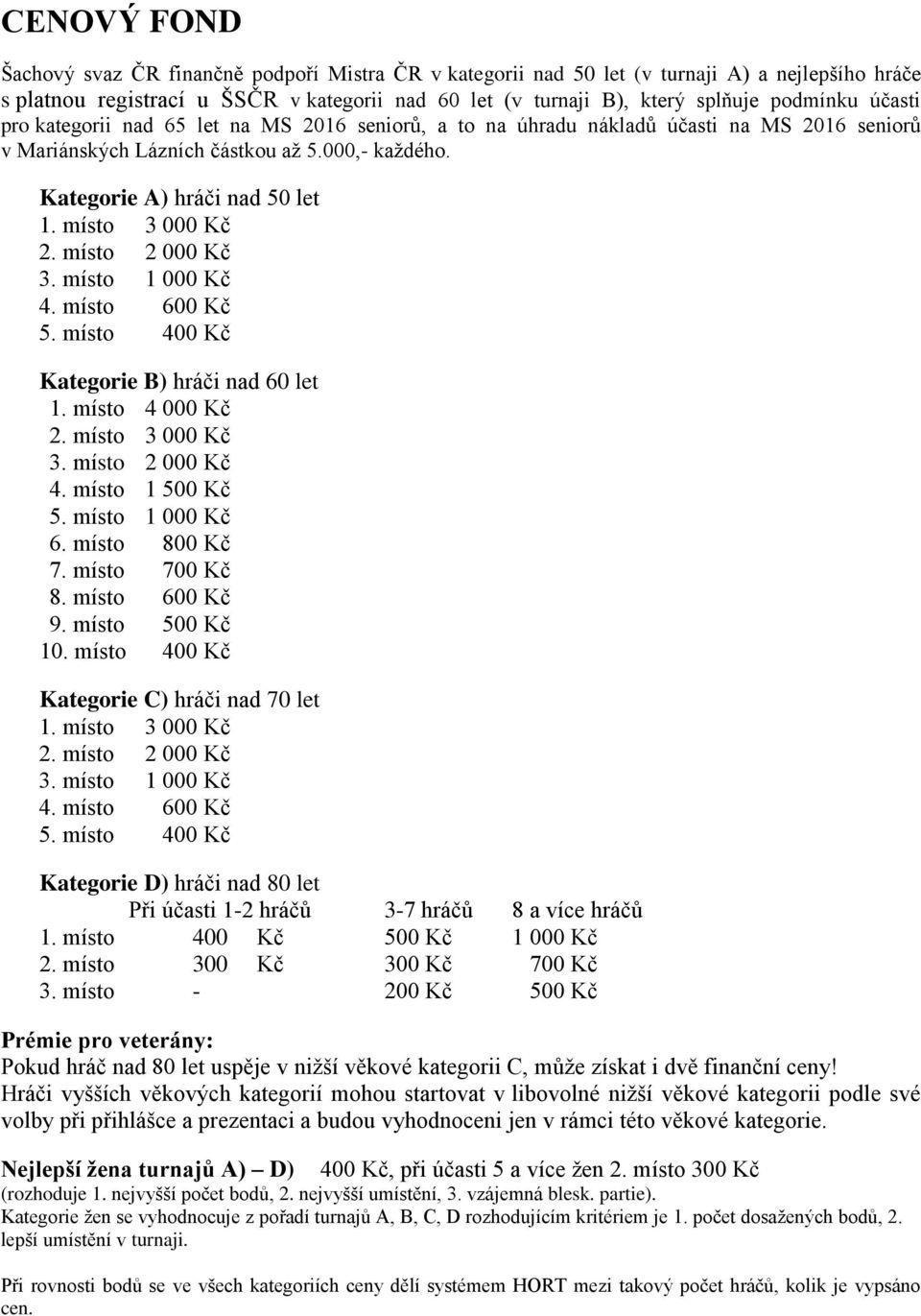 místo 3 000 Kč 2. místo 2 000 Kč 3. místo 1 000 Kč 4. místo 600 Kč 5. místo 400 Kč Kategorie B) hráči nad 60 let 1. místo 4 000 Kč 2. místo 3 000 Kč 3. místo 2 000 Kč 4. místo 1 500 Kč 5.