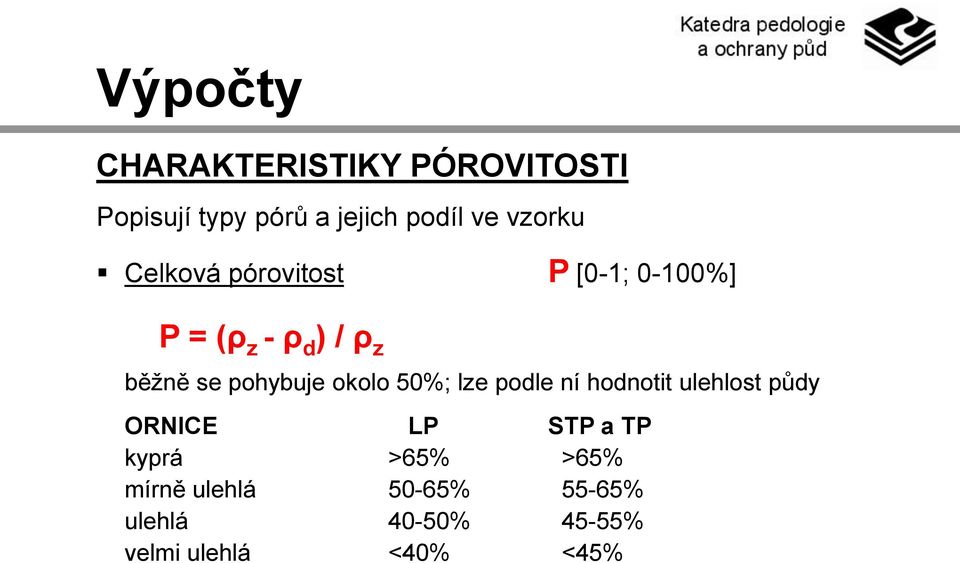 pohybuje okolo 50%; lze podle ní hodnotit ulehlost půdy ORNICE LP STP a TP