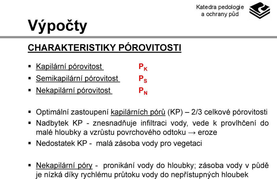 provlhčení do malé hloubky a vzrůstu povrchového odtoku eroze Nedostatek KP - malá zásoba vody pro vegetaci