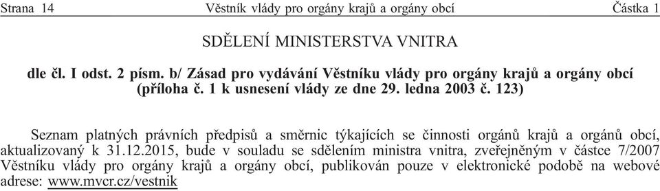 123) Seznam platných právních předpisů a směrnic týkajících se činnosti orgánů krajů a orgánů obcí, aktualizovaný k 31.12.2015, bude v