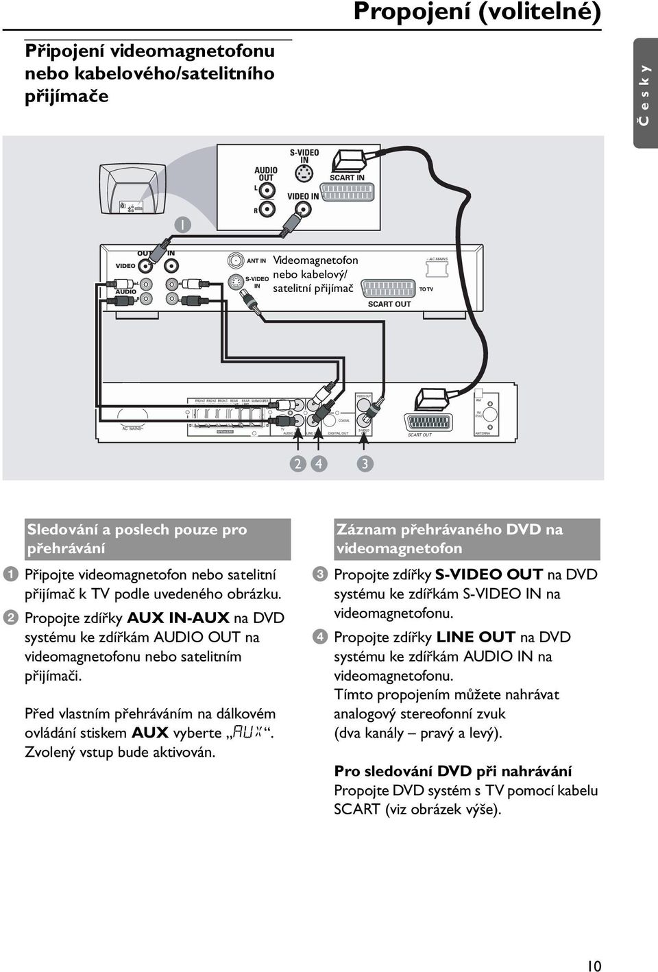 uvedeného obrázku. 2 Propojte zdířky AUX IN-AUX na DVD systému ke zdířkám AUDIO OUT na videomagnetofonu nebo satelitním přijímači.