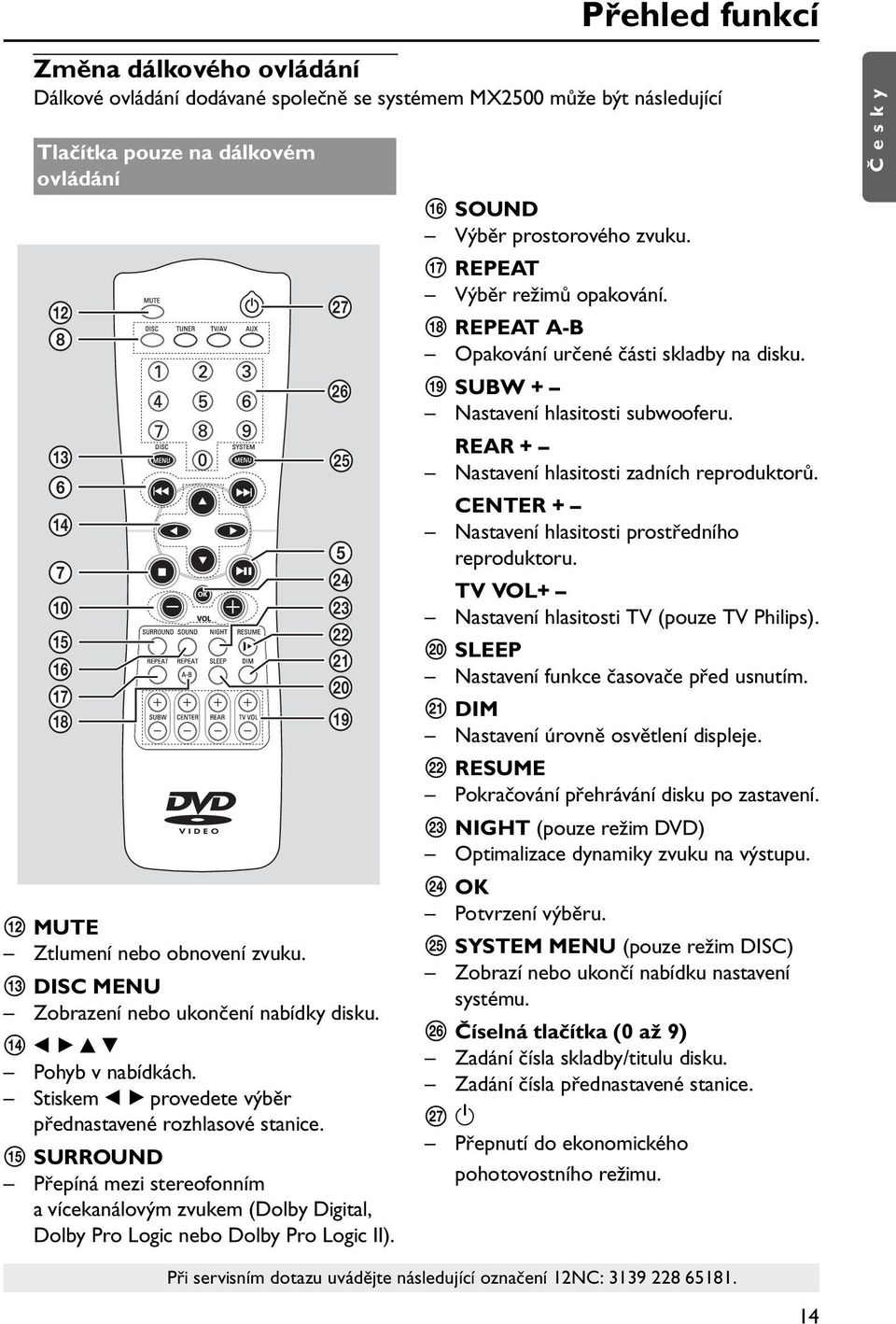 qg SURROUND Přepíná mezi stereofonním a vícekanálovým zvukem (Dolby Digital, Dolby Pro Logic nebo Dolby Pro Logic II). qh SOUND Výběr prostorového zvuku. qj REPEAT Výběr režimů opakování.