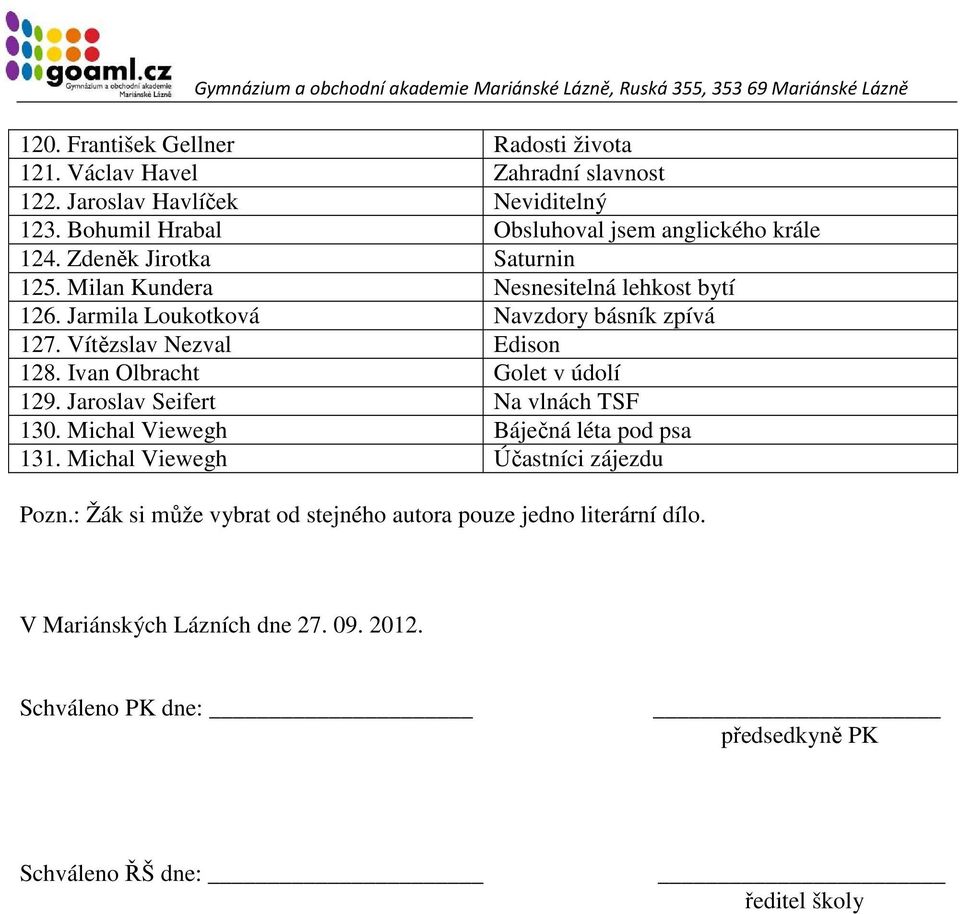 Jarmila Loukotková Navzdory básník zpívá 127. Vítězslav Nezval Edison 128. Ivan Olbracht Golet v údolí 129. Jaroslav Seifert Na vlnách TSF 130.