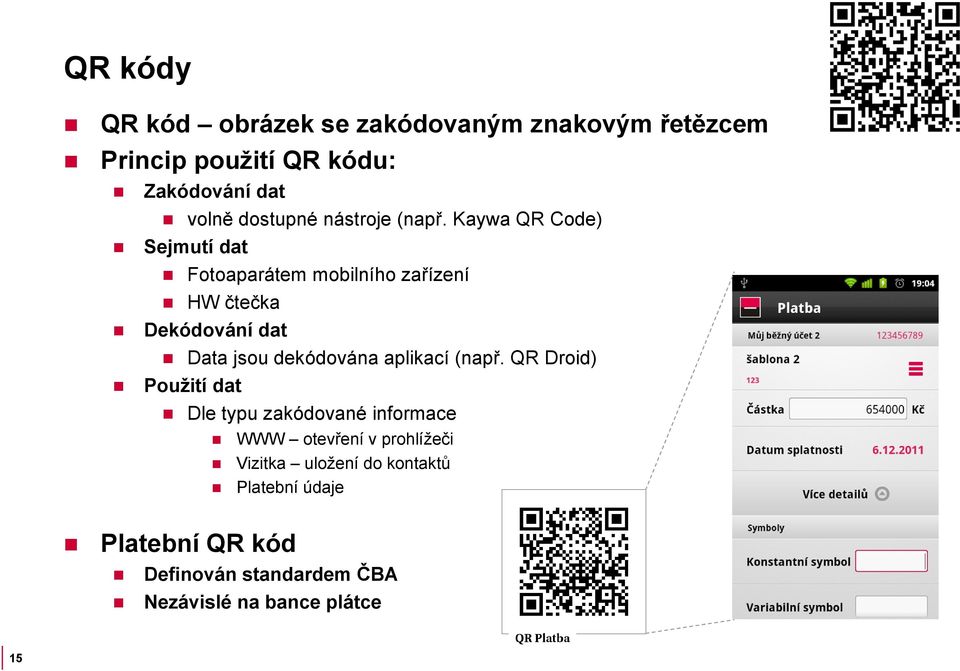 Kaywa QR Code) Sejmutí dat Fotoaparátem mobilního zařízení HW čtečka Dekódování dat Data jsou dekódována