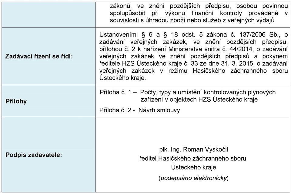 44/2014, o zadávání veřejných zakázek ve znění pozdějších předpisů a pokynem ředitele HZS Ústeckého kraje č. 33