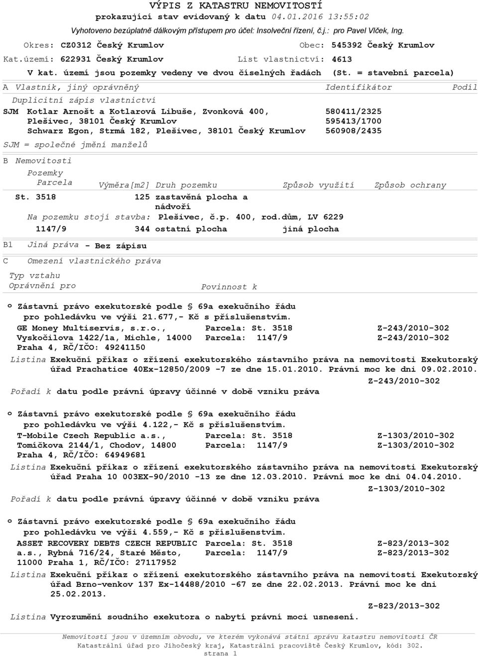 38101 Český Krumlv Kat.území: 622931 Český Krumlv List vlastnictví: 4613 545392 Český Krumlv Identifikátr B Nemvitsti Pzemky Parcela Výměra[m2] Druh pzemku Způsb využití Způsb chrany St.