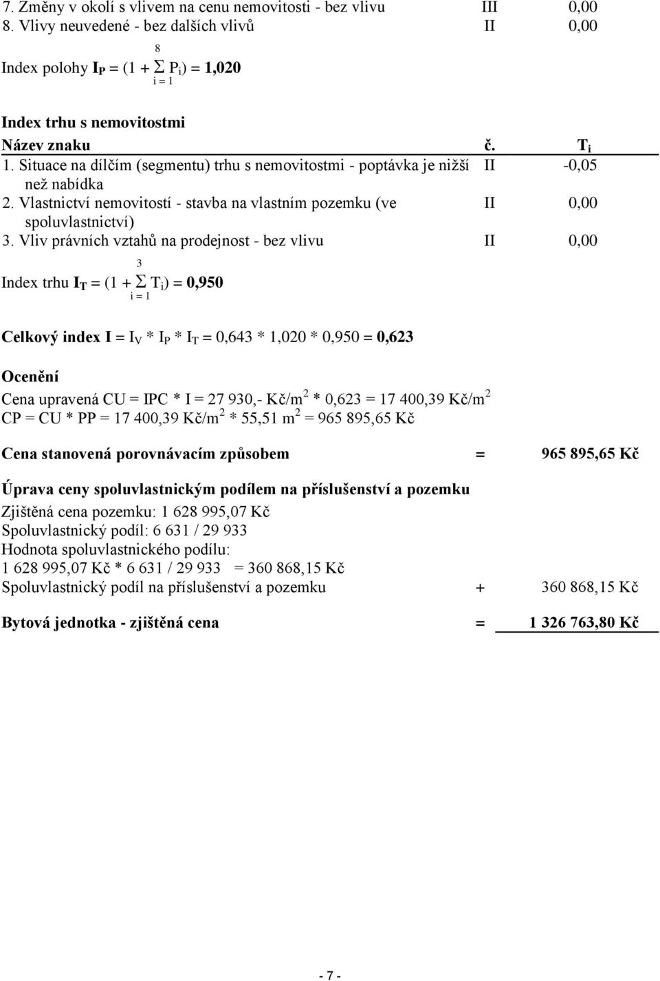 Vliv právních vztahů na prodejnost - bez vlivu II 0,00 3 Index trhu I T = (1 + T i ) = 0,950 i = 1 Celkový index I = I V * I P * I T = 0,643 * 1,020 * 0,950 = 0,623 Ocenění Cena upravená CU = IPC * I