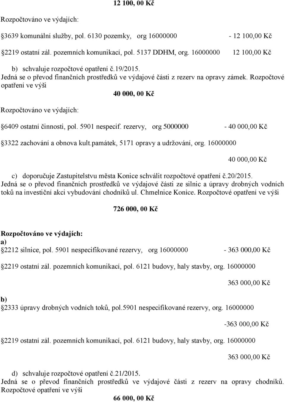 rezervy, org 5000000-40 000,00 Kč 3322 zachování a obnova kult.památek, 5171 opravy a udržování, org. 16000000 40 000,00 Kč c) doporučuje Zastupitelstvu města Konice schválit rozpočtové opatření č.