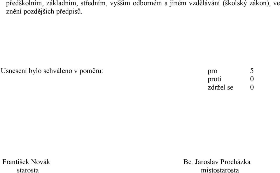 Usnesení bylo schváleno v poměru: pro 5 proti 0 zdržel se 0