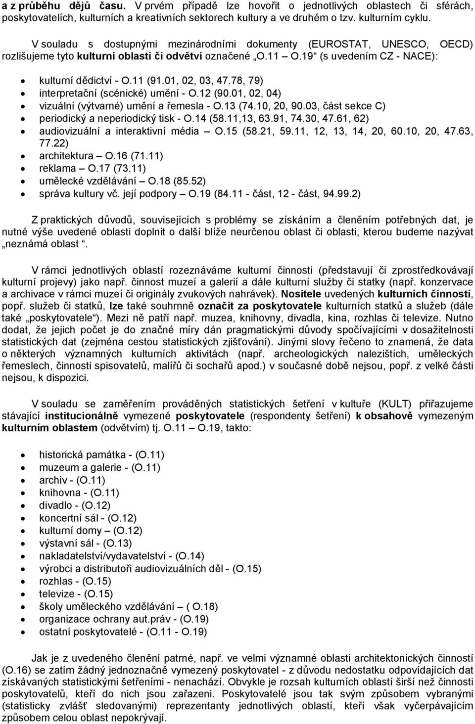 01, 02, 03, 47.78, 79) interpretační (scénické) umění - O.12 (90.01, 02, 04) vizuální (výtvarné) umění a řemesla - O.13 (74.10, 20, 90.03, část sekce C) periodický a neperiodický tisk - O.14 (58.