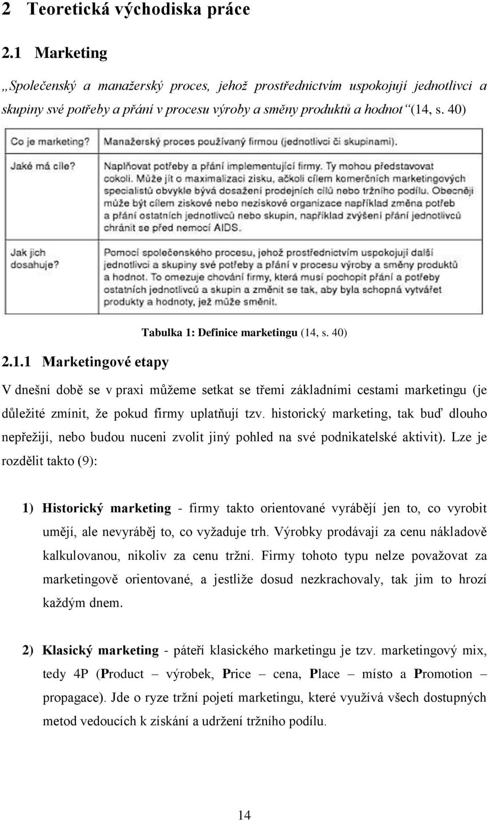 40) Tabulka 1: Definice marketingu (14, s. 40) 2.1.1 Marketingové etapy V dnešní době se v praxi můžeme setkat se třemi základními cestami marketingu (je důležité zmínit, že pokud firmy uplatňují tzv.