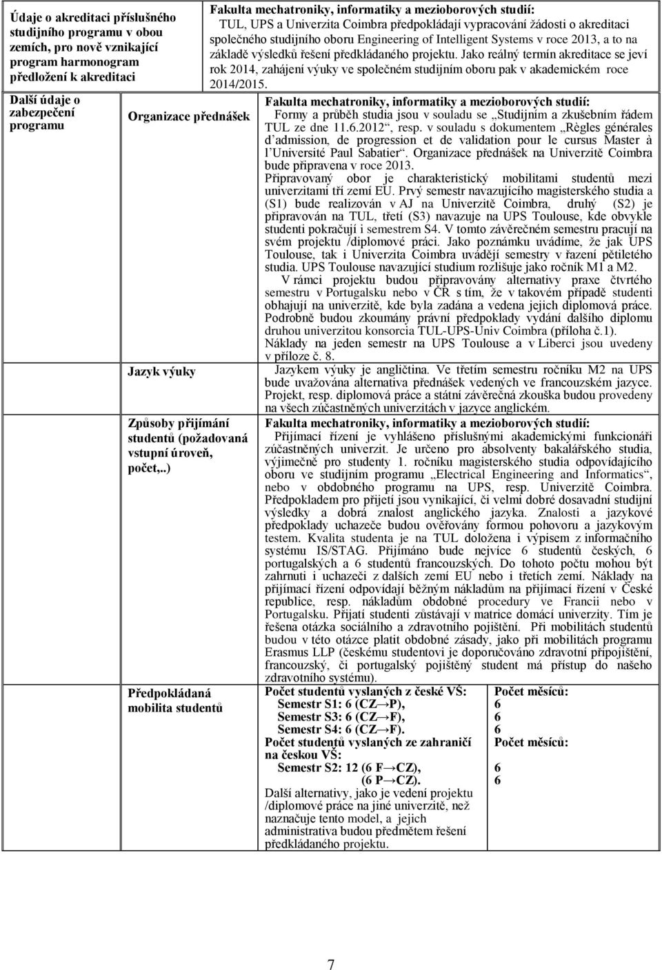 .) Předpokládaná mobilita studentů Fakulta mechatroniky, informatiky a mezioborových studií: TUL, UPS a Univerzita Coimbra předpokládají vypracování žádosti o akreditaci společného studijního oboru