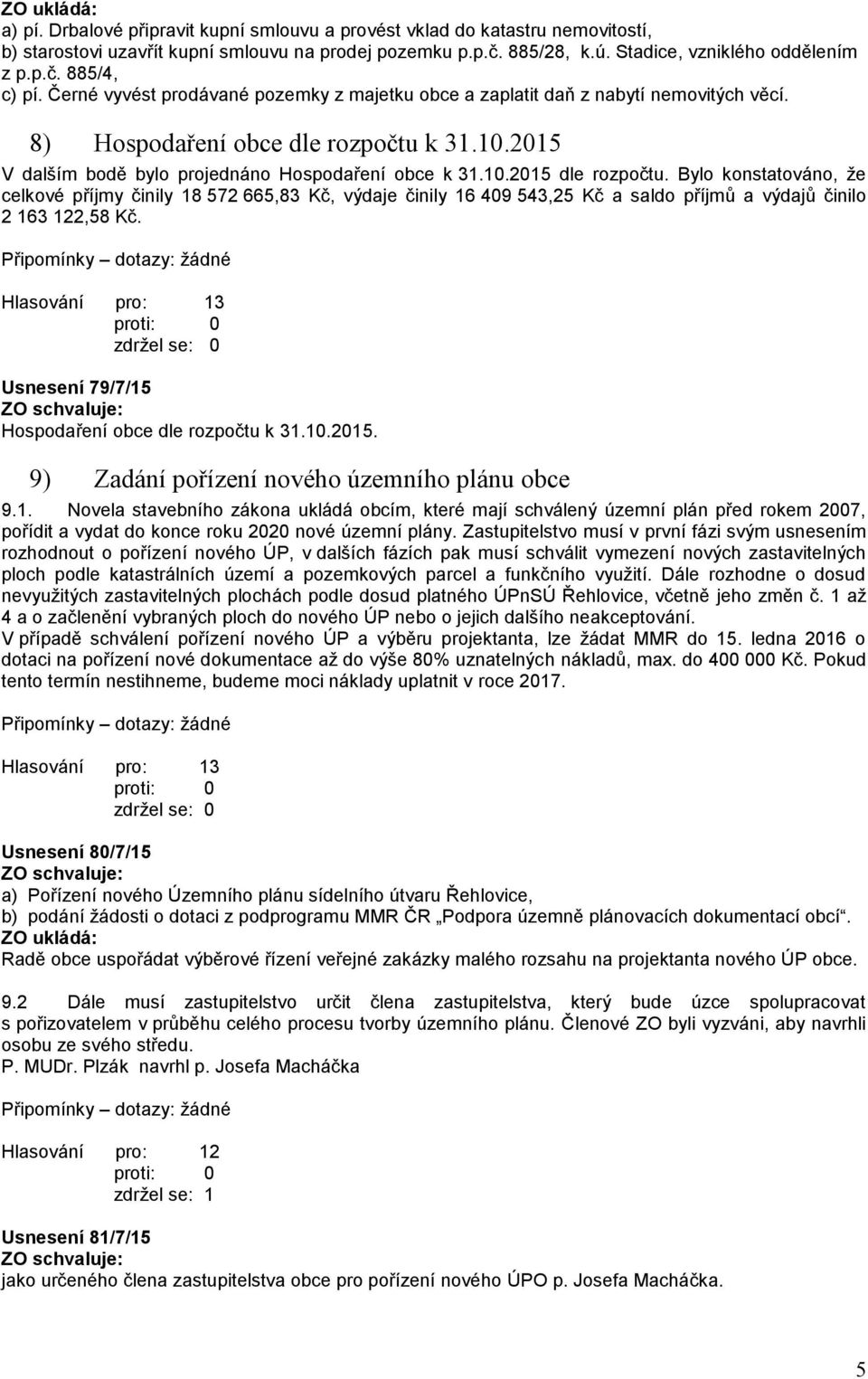 Bylo konstatováno, že celkové příjmy činily 18 572 665,83 Kč, výdaje činily 16 409 543,25 Kč a saldo příjmů a výdajů činilo 2 163 122,58 Kč. Usnesení 79/7/15 Hospodaření obce dle rozpočtu k 31.10.