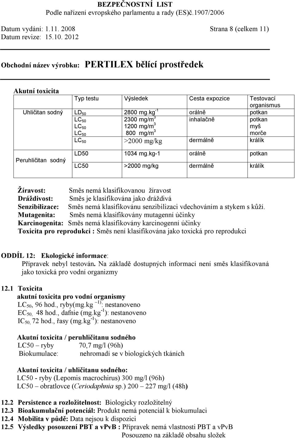 kg-1 orálně potkan LC50 >2000 mg/kg dermálně králík Žíravost: Směs nemá klasifikovanou žíravost Dráždivost: Směs je klasifikována jako dráždivá Senzibilizace: Směs nemá klasifikovánu senzibilizaci