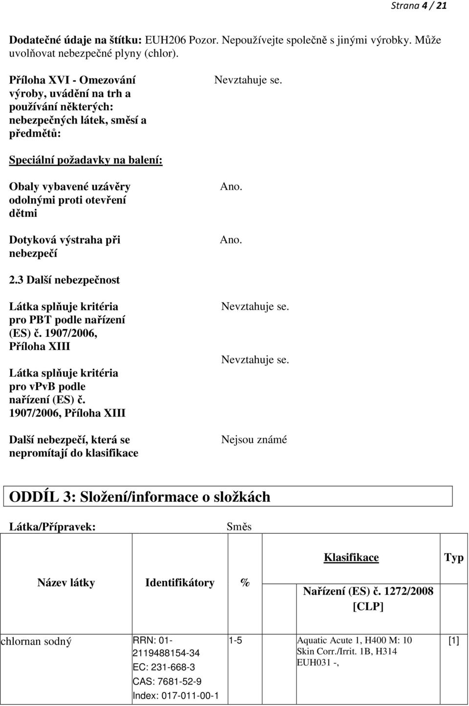 Speciální požadavky na balení: Obaly vybavené uzávěry odolnými proti otevření dětmi Dotyková výstraha při nebezpečí Ano. Ano. 2.