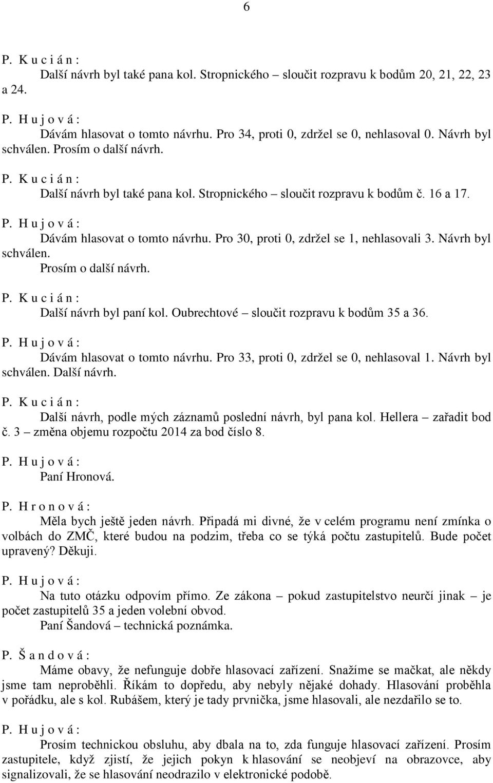 Pro 30, proti 0, zdržel se 1, nehlasovali 3. Návrh byl schválen. Prosím o další návrh. P. K u c i á n : Další návrh byl paní kol. Oubrechtové sloučit rozpravu k bodům 35 a 36.