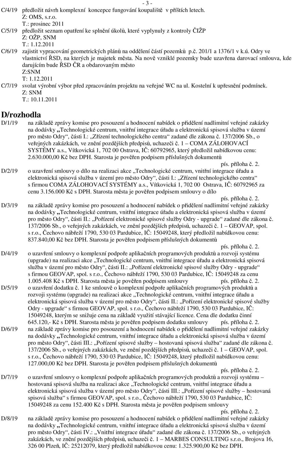 2011 C/6/19 zajistit vypracování geometrických plánů na oddělení částí pozemků p.č. 201/1 a 1376/1 v k.ú. Odry ve vlastnictví ŘSD, na kterých je majetek města.