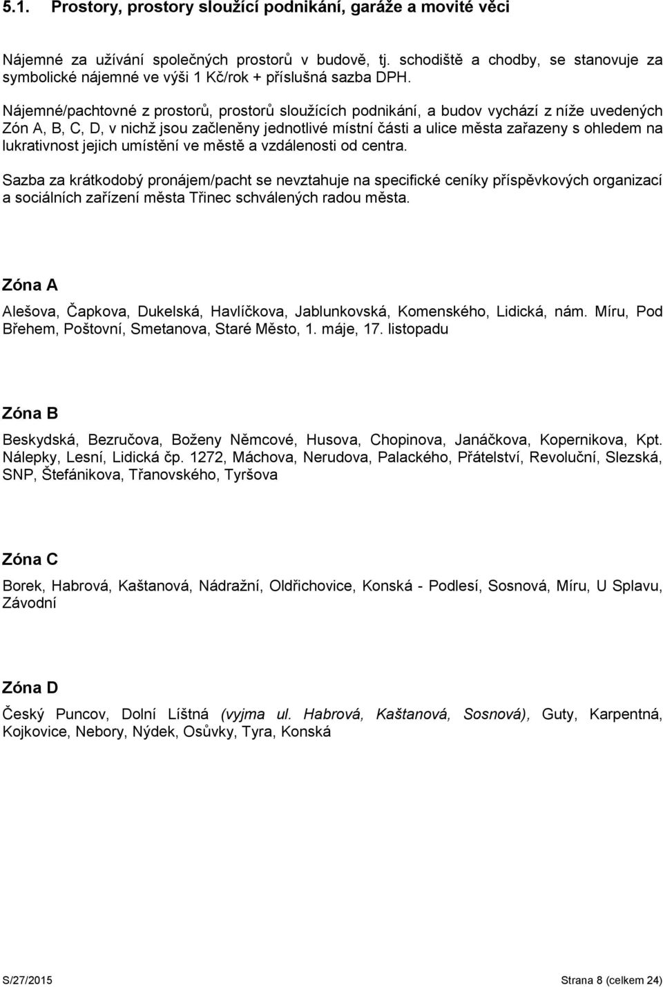 Nájemné/pachtovné z prostorů, prostorů sloužících podnikání, a budov vychází z níže uvedených Zón A, B, C, D, v nichž jsou začleněny jednotlivé místní části a ulice města zařazeny s ohledem na