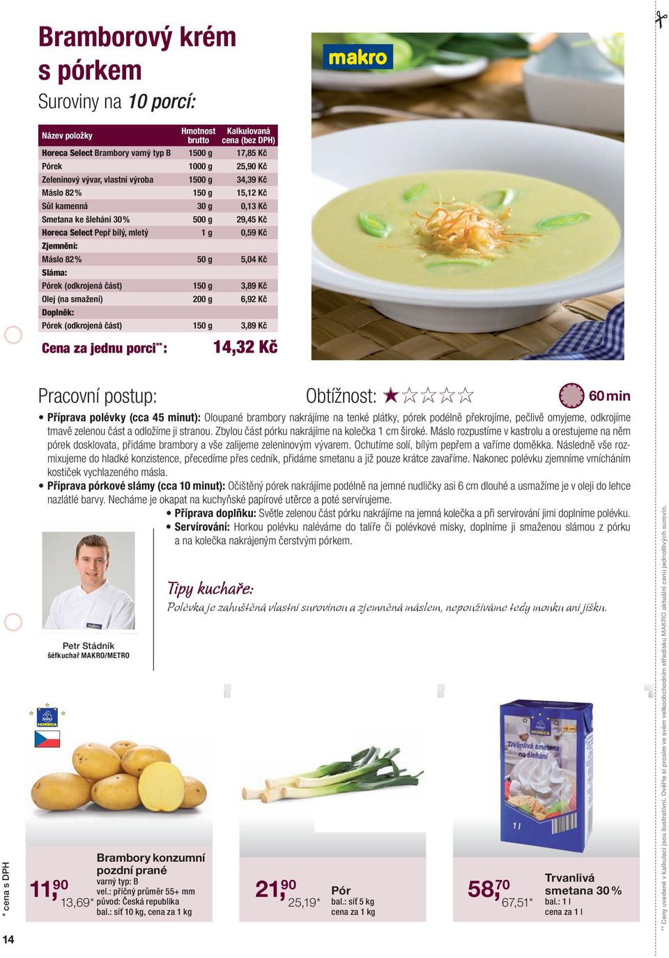 Sláma: Pórek (odkrojená část) 150 g 3,89 Kč Olej (na smažení) 200 g 6,92 Kč Doplněk: Pórek (odkrojená část) 150 g 3,89 Kč Cena za jednu porci ** : 14,32 Kč * cena s DPH 14 Pracovní postup: Petr