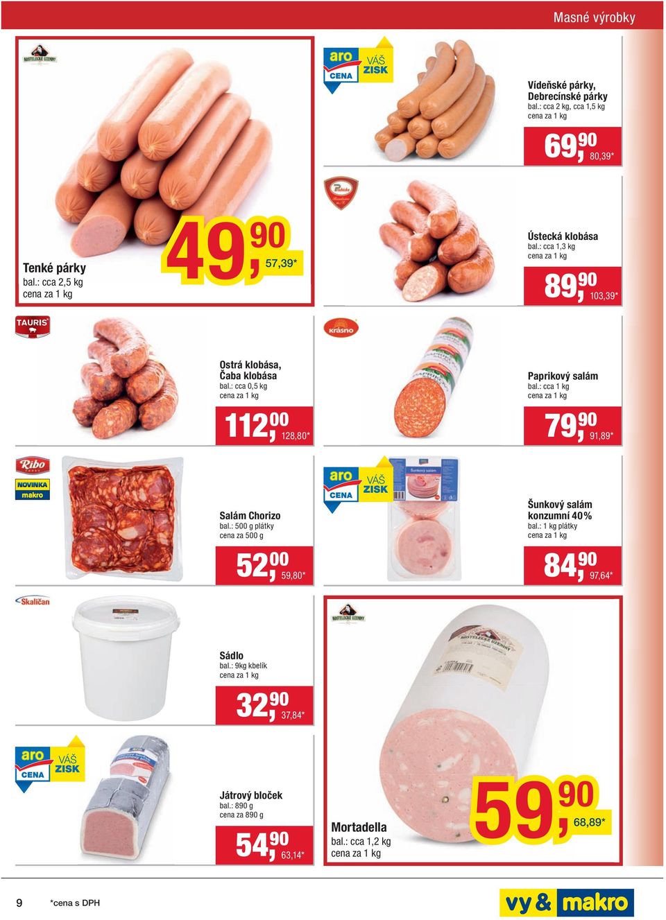 : cca 0,5 kg 112, 00 128,80 * Paprikový salám bal.: cca 1 kg 79, 90 91,89 * Salám Chorizo bal.