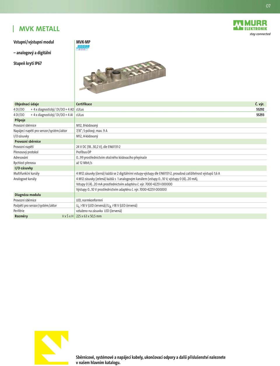 9 A M12, A-kódovaný Provozní napětí 24 V DC (18 30,2 V), dle EN61131-2 Přenosový protokol Profibus-DP Adresování 0 99 prostřednictvím otočného kódovacího přepínače Rychlost přenosu až 12 Mbit/s