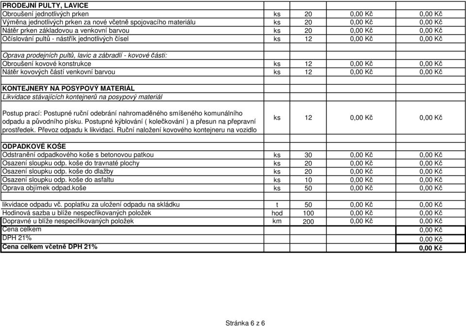 Likvidace stávajících kontejnerů na posypový materiál Postup prací: Postupné ruční odebrání nahromaděného smíšeného komunálního odpadu a původního písku.