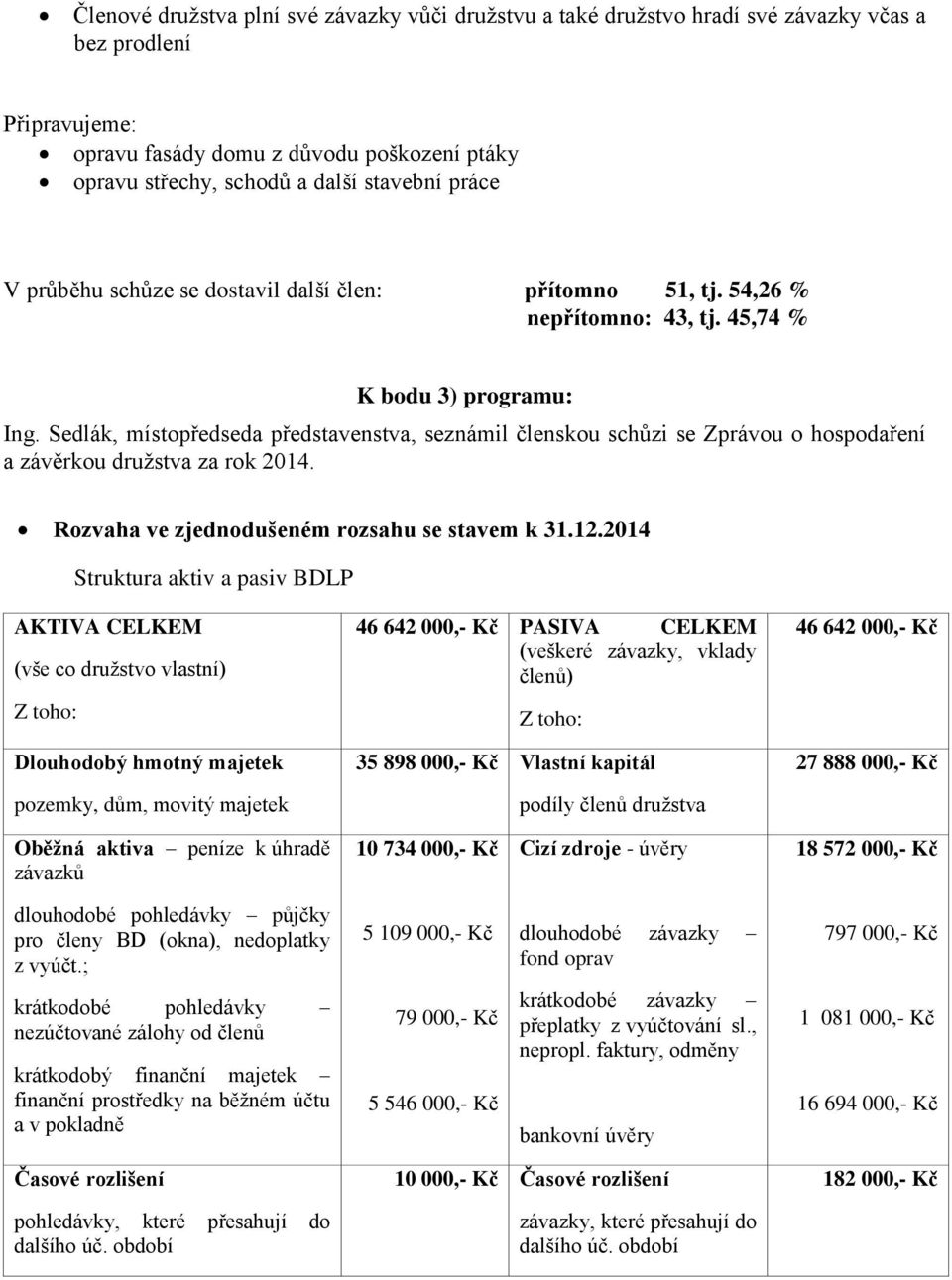 Sedlák, místopředseda představenstva, seznámil členskou schůzi se Zprávou o hospodaření a závěrkou družstva za rok 2014. Rozvaha ve zjednodušeném rozsahu se stavem k 31.12.