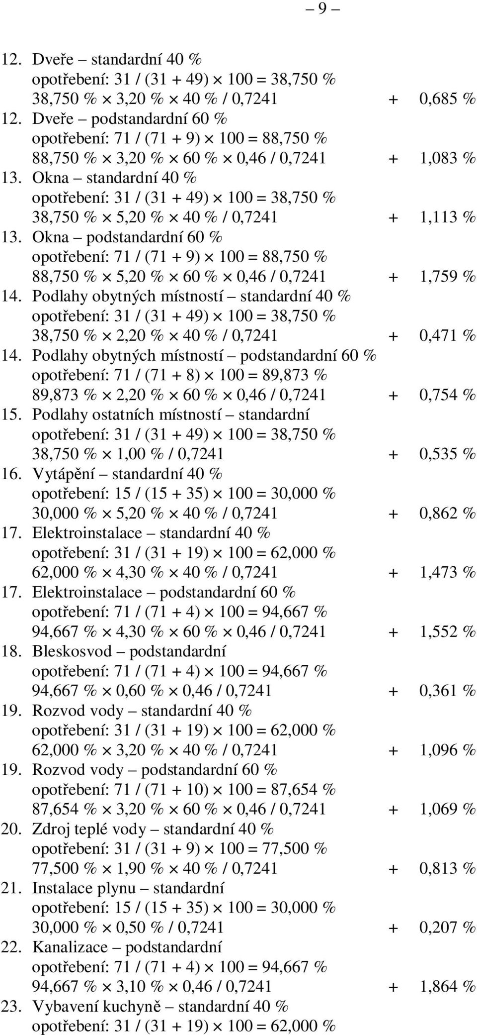 Okna standardní 40 % opotřebení: 31 / (31 + 49) 100 = 38,750 % 38,750 % 5,20 % 40 % / 0,7241 + 1,113 % 13.
