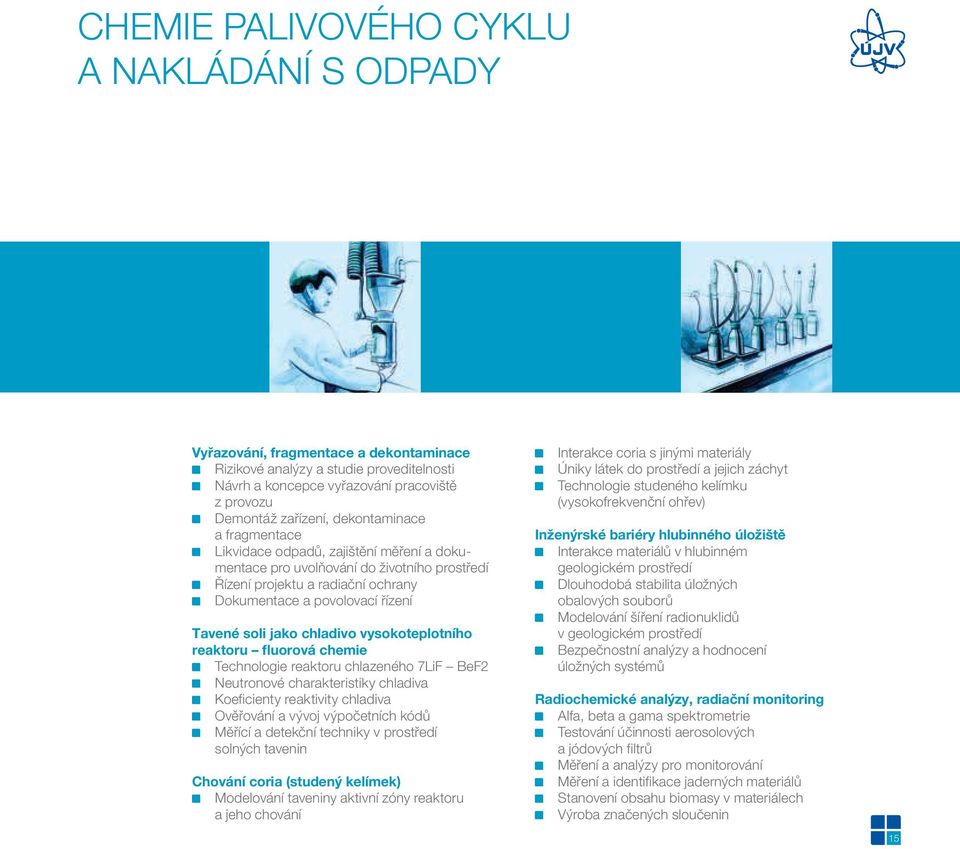 chladivo vysokoteplotního reaktoru fluorová chemie Technologie reaktoru chlazeného 7LiF BeF2 Neutronové charakteristiky chladiva Koeficienty reaktivity chladiva Ověřování a vývoj výpočetních kódů
