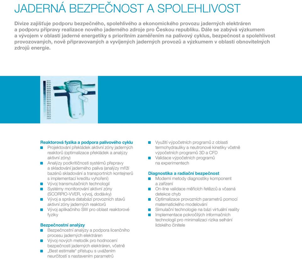 Dále se zabývá výzkumem a vývojem v oblasti jaderné energetiky s prioritním zaměřením na palivový cyklus, bezpečnost a spolehlivost provozovaných, nově připravovaných a vyvíjených jaderných provozů a
