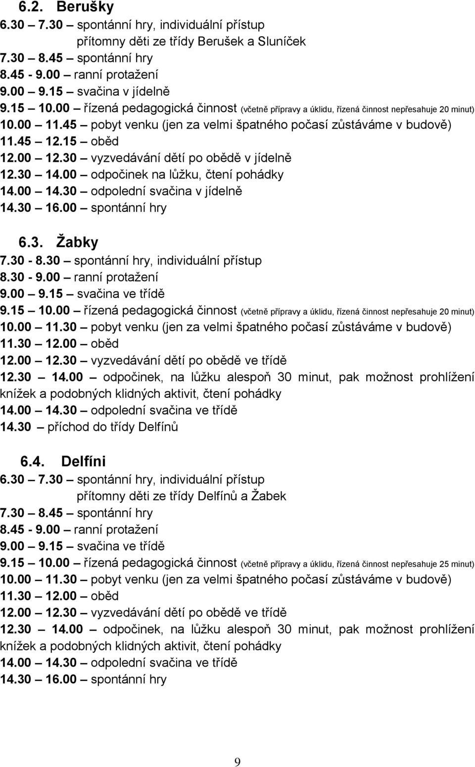 30 vyzvedávání dětí po obědě v jídelně 12.30 14.00 odpočinek na lůžku, čtení pohádky 14.00 14.30 odpolední svačina v jídelně 14.30 16.00 spontánní hry 6.3. Žabky 7.30-8.