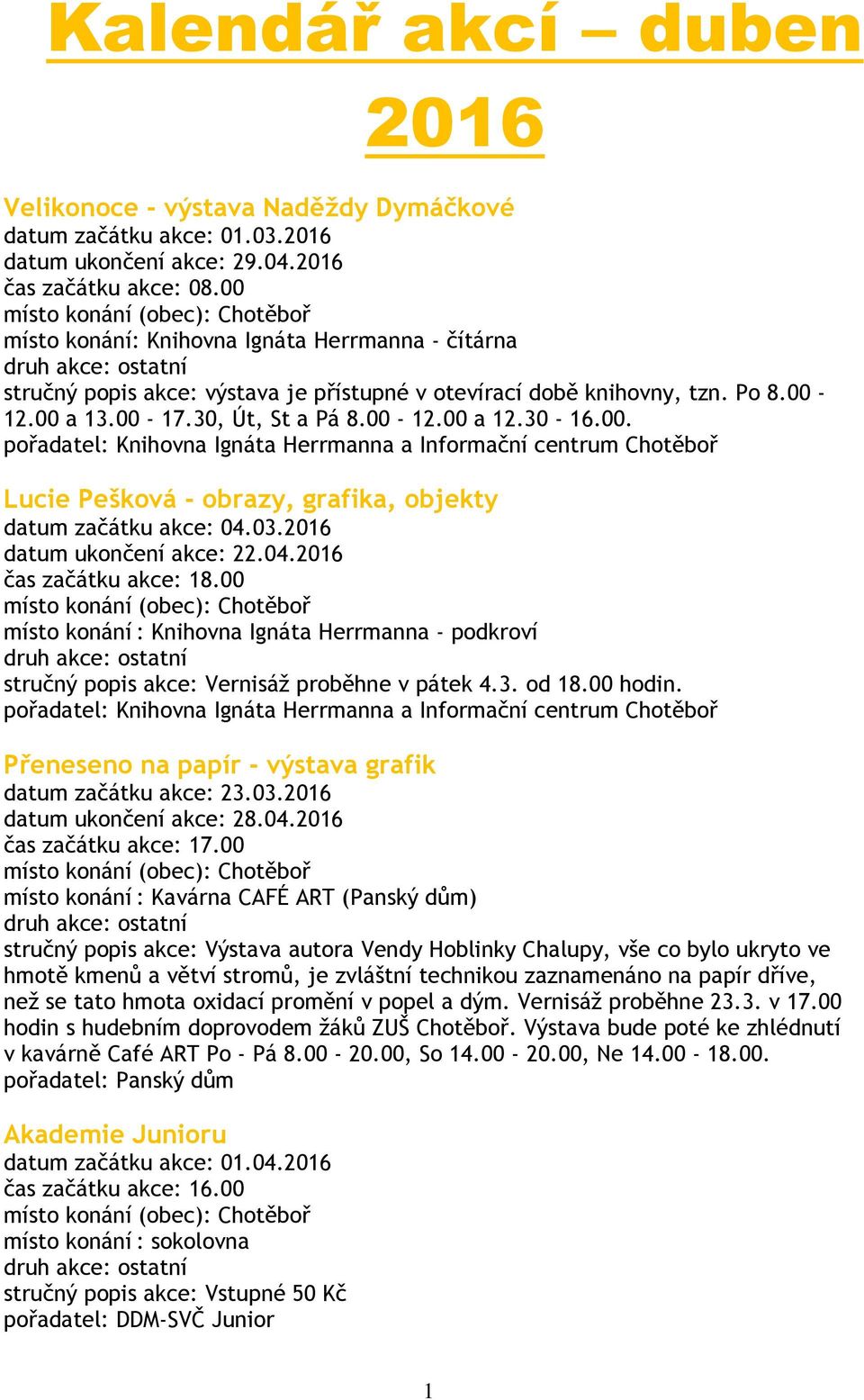 03.2016 datum ukončení akce: 22.04.2016 čas začátku akce: 18.00 místo konání : Knihovna Ignáta Herrmanna - podkroví stručný popis akce: Vernisáž proběhne v pátek 4.3. od 18.00 hodin.