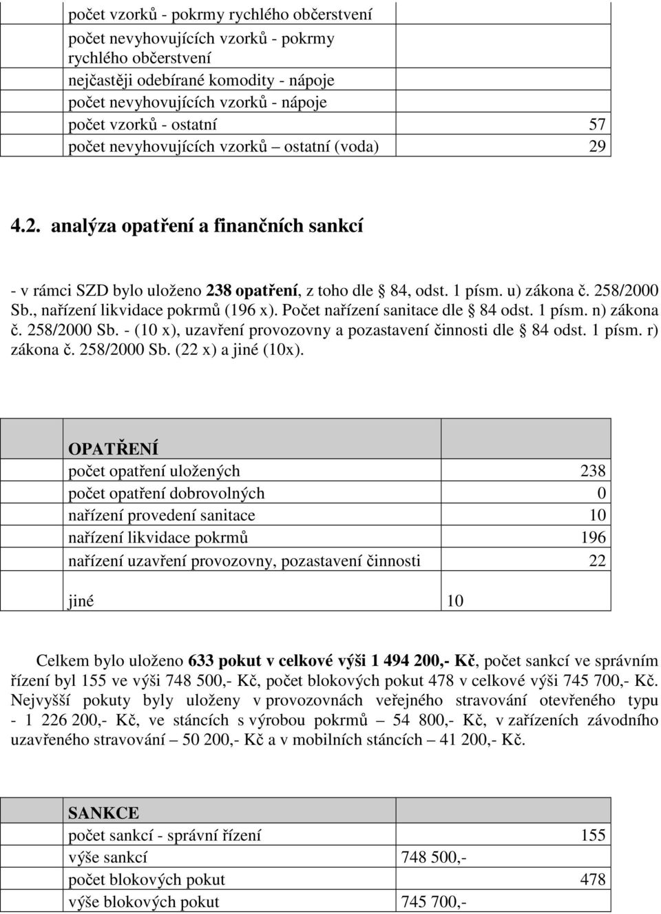 , nařízení likvidace pokrmů (196 x). Počet nařízení sanitace dle 84 odst. 1 písm. n) zákona č. 258/2000 Sb. - (10 x), uzavření provozovny a pozastavení činnosti dle 84 odst. 1 písm. r) zákona č.