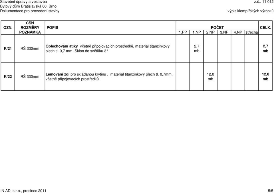 Sklon do světlíku 3 2,7 2,7 K/22 RŠ 330mm Lemování zdi