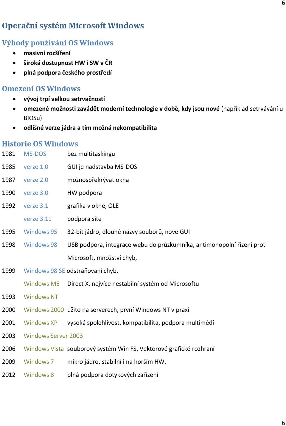 1985 verze 1.0 GUI je nadstavba MS-DOS 1987 verze 2.0 možnospřekrývat okna 1990 verze 3.0 HW podpora 1992 verze 3.1 grafika v okne, OLE verze 3.