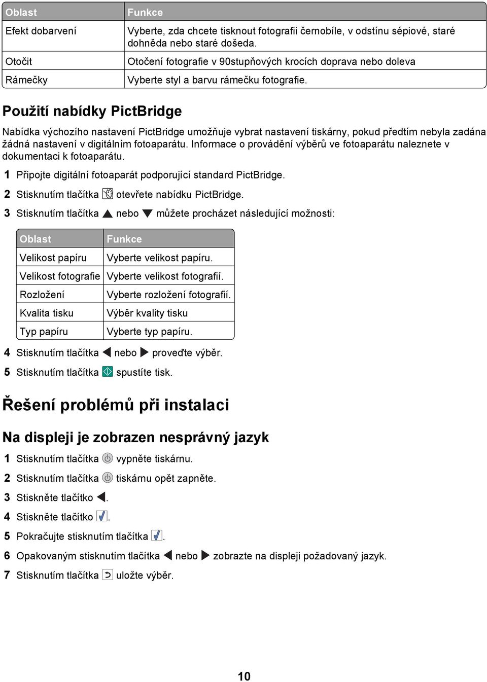 Použití nabídky PictBridge Nabídka výchozího nastavení PictBridge umožňuje vybrat nastavení tiskárny, pokud předtím nebyla zadána žádná nastavení v digitálním fotoaparátu.