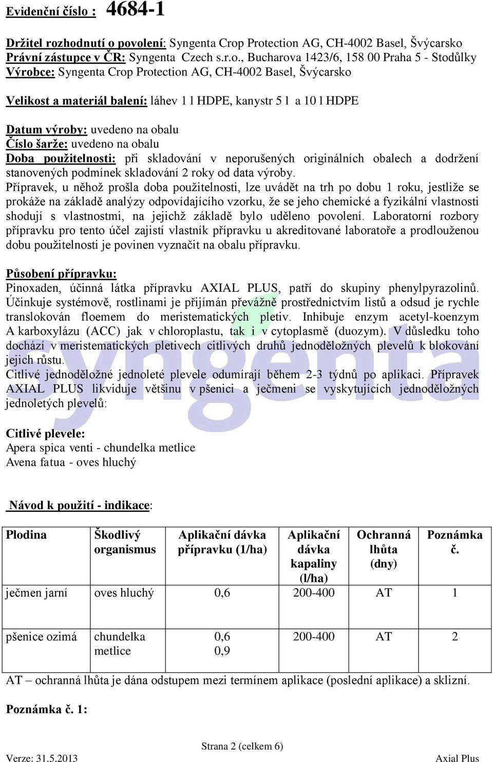 hodnutí o povolení: Syngenta Crop Protection AG, CH-4002 Basel, Švýcarsko Právní zástupce v ČR: Syngenta Czech s.r.o., Bucharova 1423/6, 158 00 Praha 5 - Stodůlky Výrobce: Syngenta Crop Protection