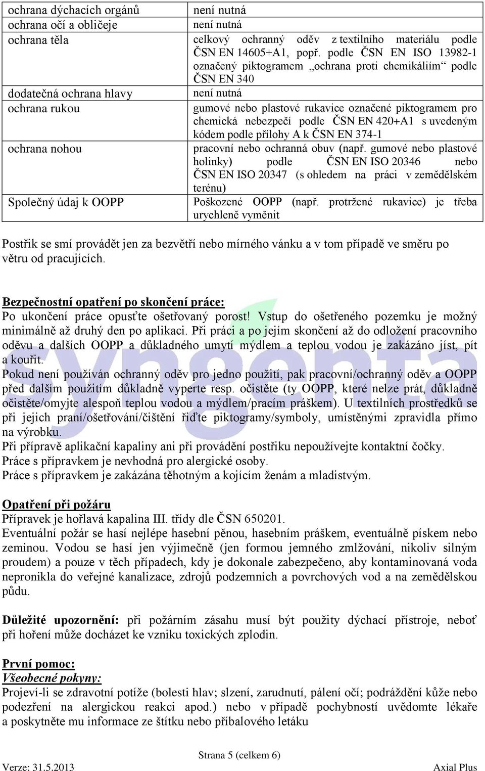 chemická nebezpečí podle ČSN EN 420+A1 s uvedeným kódem podle přílohy A k ČSN EN 374-1 ochrana nohou pracovní nebo ochranná obuv (např.