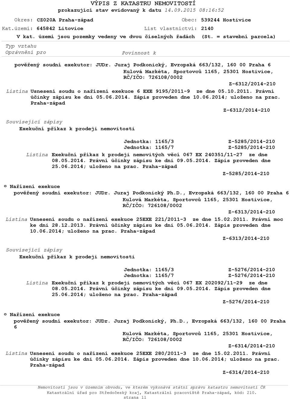 Juraj Pdknický, Evrpská 663/132, 160 00 Praha 6 Kulvá Markéta, Sprtvců 1165, 25301 Hstivice, Z-6312/2014-210 Usnesení sudu nařízení exekuce 6 EXE 9195/2011-9 ze dne 05.10.2011. Právní účinky zápisu ke dni 05.