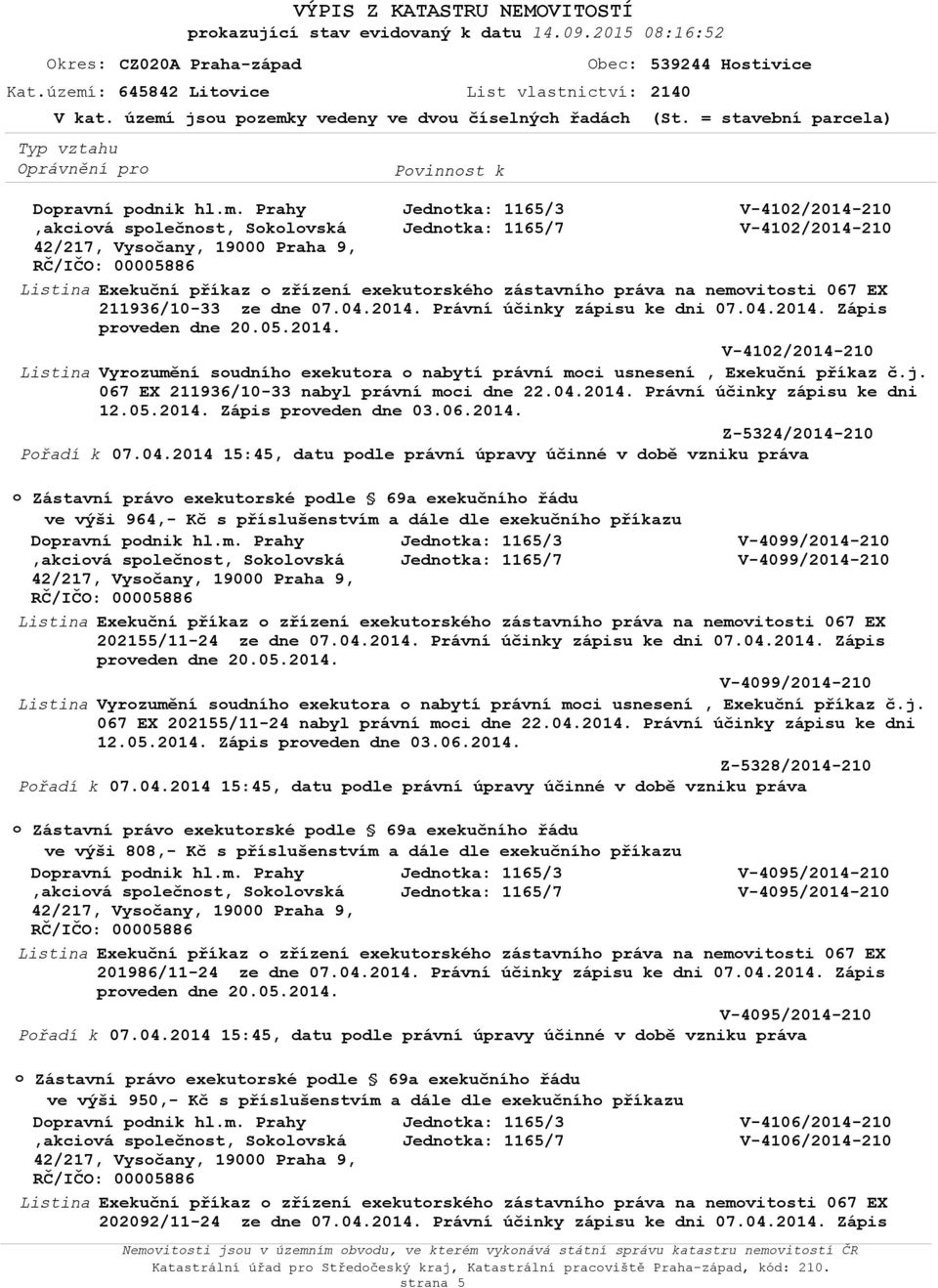 04.2014. Právní účinky zápisu ke dni 07.04.2014. Zápis prveden dne 20.05.2014. V-4102/2014-210 Vyrzumění sudníh exekutra nabytí právní mci usnesení, Exekuční příkaz č.j.